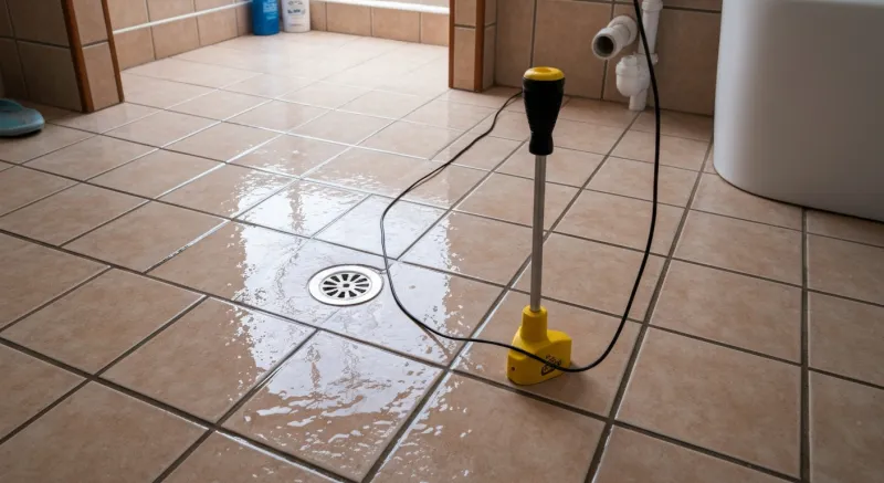 Detector electrónico de fugas con pantalla LCD sobre suelo de baño en Anglès